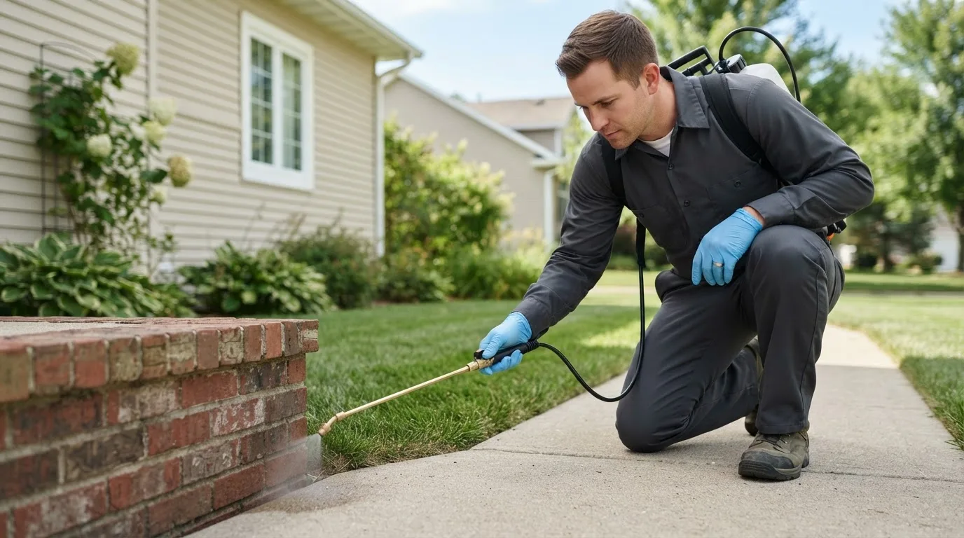 Pest control technician treating a home near Grand Prairie, TX